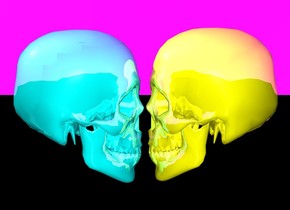 the sky is magenta. the ground is black. there is a shiny cyan skull facing east. there is a shiny yellow skull facing west. it is to the right of the shiny cyan skull.