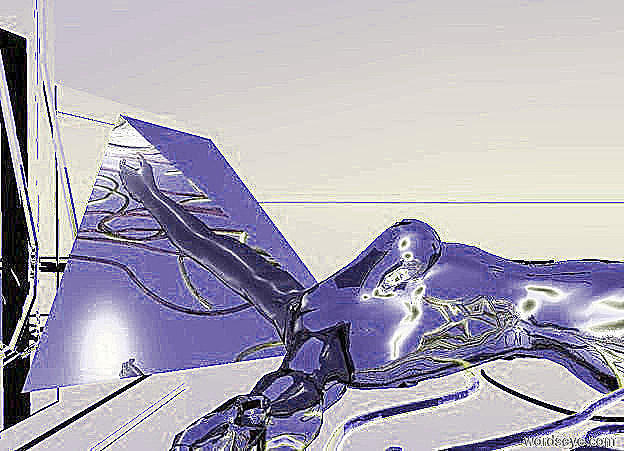 Input text: there is a shiny black woman facing up. there is a shiny purple rope -4 inches to the left of the woman. there is a peach rope in the shiny rope. the peach rope is facing east. there is a shiny red rope to the right of the peach rope. the ground is silver. the sky is teal. there is a purple light on the woman. there is a shiny black demon in the woman. there is a shiny black pyramid -19 inches behind the woman. it is -17 inches above the woman. it is leaning 111 degrees to the front. it is 1.5 feet long. there is a black rope to the right of the woman. there is a white rope under the black rope. the white rope is facing west. there is a silver machine behind the pyramid.