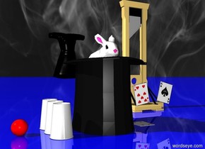 a 1.2 feet tall top hat.the hat is upside down.a rabbit is -6 inches above the hat.the rabbit is leaning 20 degrees to the north.a  first playing card is right of the hat.a second playing card is 4 inches above the first playing card.the second playing card is face up.the second playing card is leaning 10 degrees to the east.a ace of spades is 2 inches right of the second playing card.the ace of spades is face down.the ace of spades is leaning 15 degrees to the west.there are three cups left of the hat.the three cups are upside down.a tiny red sphere is 3 inches left of the cups.a tiny guillotine is 6 inches behind the hat.the guillotine is 4 inches right of the hat.a group is 12 inches behind the hat.the group is black.the ground is shiny blue.[magic]sky.