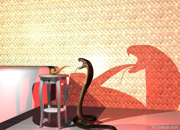 Input text: a large pipe is on a large table. the pipe is -13 inches to the right of the table.
a cobra is to the right of the table. the cobra is facing the table.
an enormous tile wall is 5 feet behind the table.
a large white bed is 1 foot to the left of the table. the bed is facing front.
a red light is 1 inch to the right of the snake. the light is 1 feet over the ground.
a white light is in front of the table. the light is 3 feet over the ground.
a coral light is 1 foot over the bed.
the camera light is dim.