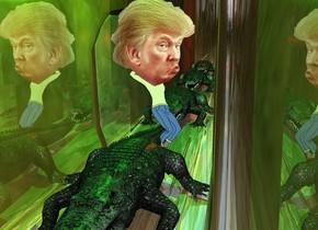 trump is on the plate. trump's head is 4 feet tall. the gold ground is 50 feet wide. the green crocodile is 4 feet behind the trump. another green crocodile is behind the crocodile. another green crocodile is behind the crocodile. the red light is 3 feet above the crocodile. the lime light is above and in front of the trump. another green crocodile is -4 feet in front of the trump.