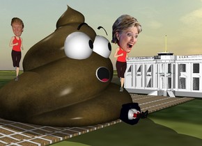 the humongous poop is on the road. it is facing right. the road is 50 feet long. it is gold brick. Hillary is -9 feet above and -1 feet to the right of the poop. Hillary is facing southeast. her head is big. the extremely small solid white house is behind the road. the witch is -4 feet to the right of the poop. she is facing right. she is face up. the ground is grass.  the trump is -1 feet in front of the poop. he is -8 feet above the poop. he is facing right.