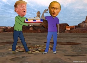 the big american hot dog is -21 inches to the right of  trump. it is 3.2 feet above the ground.  putin is to the right of trump. 