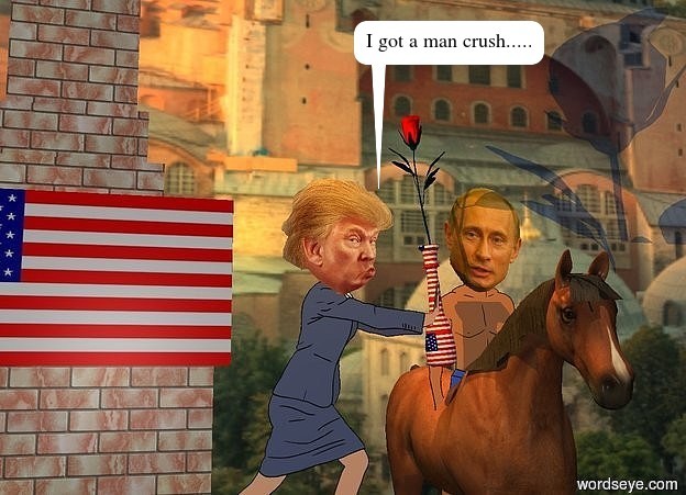 Input text: the trump is left of and 0.5 feet to the front of the putin. the putin is -4.5 feet above a horse. a 20 feet tall and 40 feet long [minaret] wall is 3 feet behind putin. the ground is grass. a 20 feet tall brick skyscraper is left of trump. the camera light is gray. it is noon. a orange light is 2 inches in front of and -3 inches above the trump.a flag is 0.2 feet to the front of  and -17 feet above the skyscraper. a large group is -2.9 feet above and -0.83 feet to the right of and -0.3 feet behind trump.  it leans 6 degrees to the right. the vase of the group is [flag]