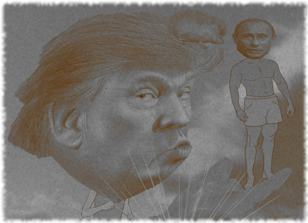 Input text: the trump. his head is huge. the tiny putin is to the right of the trump. he is -7 feet above trump. the very huge orange hand is to the right of the trump. it is -9.5 feet above and -3.5 feet to the right of the trump. it is facing left.it is leaning 115 degrees to the front. the large solid orange hedgehog is -2.5 feet above the trump. it is facing right. it is -2 feet to the right of the trump. it is leaning 20 degrees to the front. it is -3 inches in front of trump. the white sun symbol is -4.5 feet above the hand. it is in front of the hand. 
