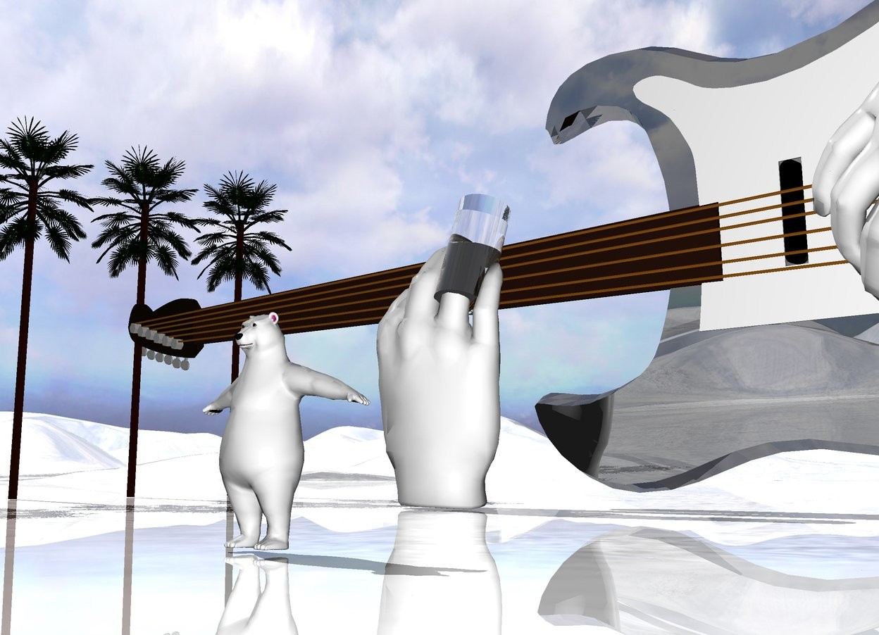 Input text: 4 tiny trees are 10 feet to the left of the enormous white hand. the hand is facing back. a large clear cylinder is -1.5 foot above and -1.3 feet to the right of the hand. it is leaning 20 degrees to the back. the black shiny guitar is behind the hand. the guitar is 9 feet tall. another enormous hand is -7 feet above the guitar. it is upside down. it is in front and -7 feet to the right of the guitar. it is facing back. it is leaning 40 degrees to the right. the ground is shiny white. the very small polar bear is 10 feet in front of the guitar. it is 4 feet to the right of the white hand.