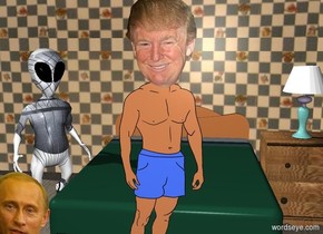 am alien is facing trump. the ground is carpet. a bed is behind trump. a wall is behind the bed.  the wall is wallpaper. the alien is left of the bed. a table is right of the bed. a lamp is on the table. putin is 1 feet left of trump. putin is -4 feet above the ground