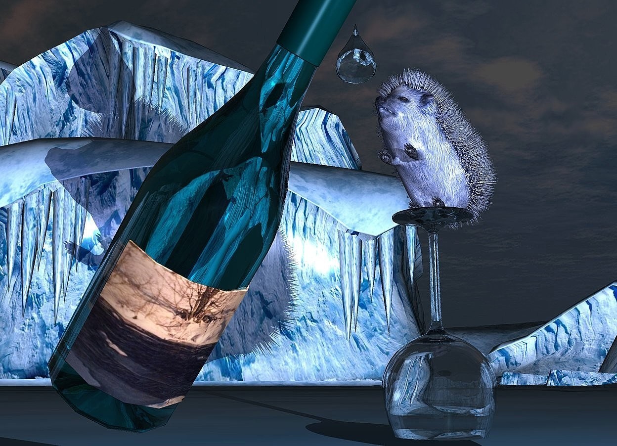 Input text: The label of a bottle is 4 inch wide image-10771. The bottle is facing west. It is leaning 40 degrees to the front. The bottle is clear dark cyan. An upside down glass is 6 inches in front of and -11.9 inches above the bottle. A small baby blue hedgehog is -1.3 inch above the glass. It is facing the bottle. It is leaning 40 degrees to the back. A huge pale cyan drop is 0.2 inch right of and -0.2 inch above the hedgehog. The sun is black. A light is left of the bottle. Camera light is pale blue. A dim navy light is -1 inch left of the bottle.