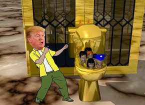 a large gold toilet. 1st head is -2.4 feet to the back of  and -3 feet above the toilet. 2nd head is -0.1 feet left of and 0.1 feet to the front of the 1st head. 3rd head is 0.3 feet right of the 2nd head. 4th head is 0.2 feet in front of the 1st head. 5th head is 0.2 feet in front of and -0.2 feet right of the 2nd head. 6th head is right of the 5th head. a  navy blue  hat is -0.56 feet above and -0.86 feet to the front of the 6th head. it leans back. the badge of the hat is silver. the trump is -0.3 feet left of and -0.8 feet to the front of the toilet. a  giant gold cabinet is 1 feet behind the toilet. the ground is 50 feet tall [marble]. the sky is 2200 feet tall [marble]
