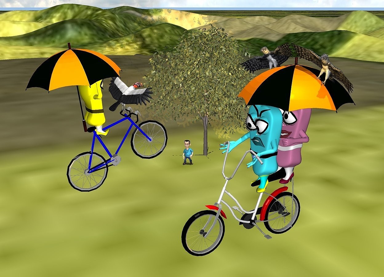 Input text: 1st bicycle is 7 feet above the ground. 1st 3.8 feet tall umbrella is -1 feet above and -6.5 feet to the front of the bicycle. 1st harpy eagle is -1.25 feet above and -0.3 feet to the right of the umbrella. it leans left. 2nd harpy eagle is -1.25 feet above and -0.3 feet to the left of the umbrella.it leans right. 1st cartoon is -1.7 feet above and -3.7 feet to the front of the bicycle. 2nd cartoon is -0.7 feet behind the 1st cartoon. it leans 5 degrees to the back. 2nd bicycle is -3 feet in front of and 5 feet to the left of the 1st bicycle.it faces back. it leans back. a king vulture is -3 feet to the back of and -0.6 feet above the 2nd bicycle. it faces back. 3rd cartoon is -1.6 feet above and -2.66 feet to the front of the 2nd bicycle. it faces back. it leans 7 degrees to the back. 2nd 3.8 feet tall umbrella is -2.3 feet in front of and -3 feet above the 3rd cartoon. it leans 7 degrees to the front. a  small beech tree is 20 feet left of and 6 feet behind  and -12 feet above the 1st bicycle. the ground is grass. a small boy is -6 feet right of and -4 feet to the front of the tree. he is on the ground. he faces southeast. it is noon. a orange light is 2 inches in front of the 1st harpy eagle.