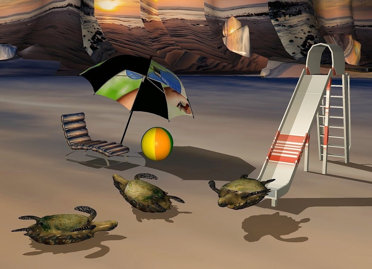 Input text: 1st turtle is upside down. it is 6 inches above the ground. a large slide is behind the turtle and on the ground. the photographic slide is [silver]. 2nd turtle is 2.5 feet in front of and 2 feet left of the slide. it is upside down. it faces left. it leans 17 degrees to the back. it is -0.8 feet above the ground. the ground is [beach]. 3rd turtle is 1 feet in front of the 2nd turtle. it faces northeast. it is upside down. it is -0.5 feet above the ground. the sun is 20% sage green. the camera light is 30% orange. a  giant [solar] umbrella is 3 feet northwest of the 2nd turtle. it leans 30 degrees to the back. it is -3.5 feet above the ground. a [beach] lounge chair is -4 feet in front of the umbrella. it is on the ground. it faces right. a beach ball is right of and  0.5 feet behind the lounge chair.
