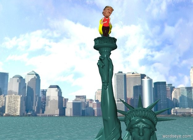 Input text: A Trump is -4 feet left of and -4.8 foot above and -6 inches in front of the statue of liberty. The ground is water. The background is city. The statue is -30 feet above the ground. The sun is silver.