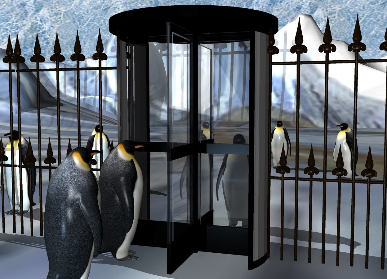 Input text: a revolving door.a first penguin is in front of the door.the first penguin is facing the door.the first penguin is -2 feet left of the door.a second penguin is behind the first penguin.the second penguin is facing the door.a third penguin is behind the door.the third penguin is -3 feet right of the door.a first fence is -6 inches right of the door.a second fence is -6 inches left of the door.a third fence is -2 inches left of the second fence.a fourth penguin is 15 feet behind the door.the fourth penguin is 1 feet right of the door.the fourth penguin is facing southwest.a fifth penguin is 2 feet behind the third fence.a sixth penguin is 5 feet behind the fifth penguin.the sixth penguin is facing southeast.the ground is 150 feet tall.the ground is art.a seventh penguin is 20 feet behind the door.the sky is texture.the texture is 1200 feet tall.a forget me not blue light is 10 feet in front of the first penguin.