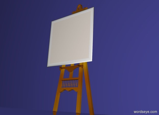 Input text: a 12 inch tall wood easel is 50 inch above the ground..behind the easel is a [ikb191] wall. the wall is 400 feet tall and 800 feet wide.ground is [ikb191].a 5 inch tall and 5.5 inch wide linen flat painting is -7.3 inch above the easel.the painting is in front of the easel.the painting leans 5 degrees to back.the painting is -5.3 inch left of the easel.