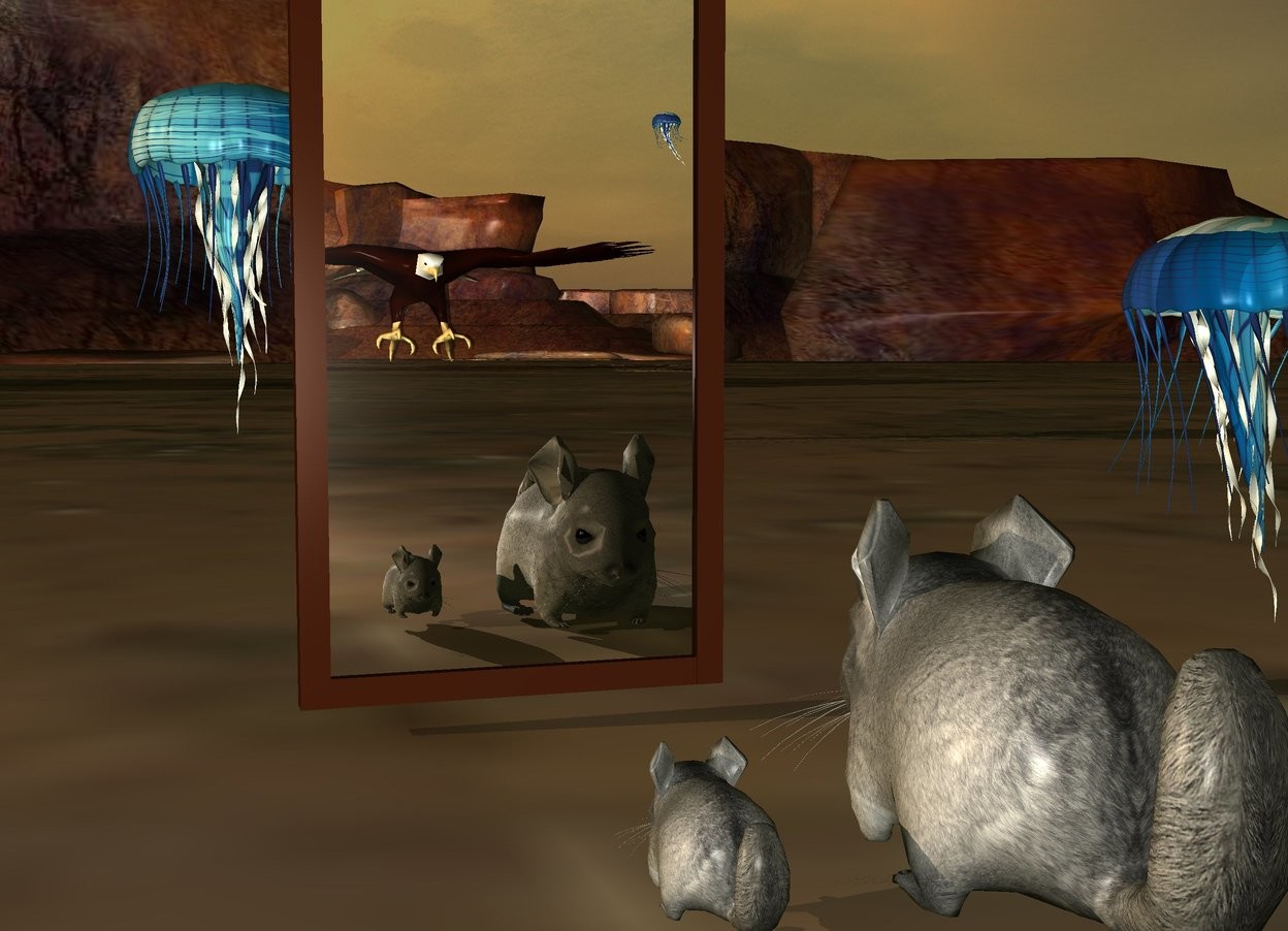 Input text: chinchilla. there is a 0.1 feet tall chinchilla 0.05 feet right of chinchilla. it is dawn. there is a 1 feet tall mirror 0.5 feet in front of chinchilla. there is a 10 feet tall eagle 120 feet behind the chinchilla. the eagle is 1 feet left of chinchilla. 5 feet tall [space] jellyfish 7 feet above eagle. the jellyfish is 1 feet left of eagle. There is .5 feet tall [space] jellyfish .5 feet left of mirror. There is a 1.5 feet tall [space] jellyfish 5 feet in front of mirror.