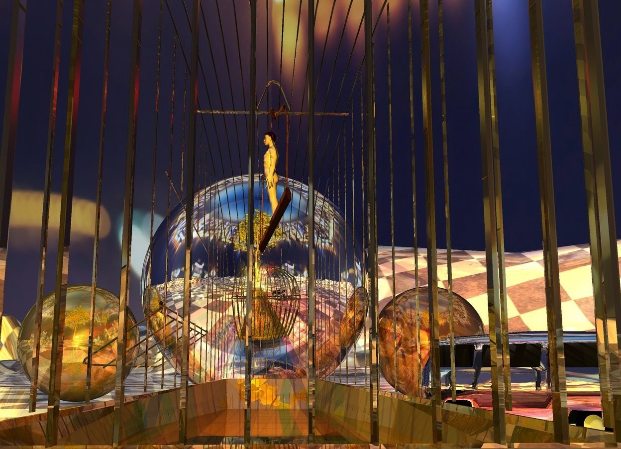 Input text: A 10 feet wide and 3 feet high dark gold cage. A huge silver sphere is left of the cage. A large dark gold sphere is behind the huge sphere. A large dark gold sphere is in front of the huge sphere. The ground is 20 feet wide shiny [pattern]. It is 200 feet high. A 10 inch high man is 1.3 feet in and -1.2 feet in front of the cage. A 10 inch wide silver car is 6 inch behind the cage. It is facing southwest. A red light is in front of the car. A lemon light is in front of the man. The sun is baby blue. Camera light is gold. The sky is [dark]. A lemon light is 5 feet right of the cage. A huge tree is 5 feet right of the cage. 3 lights are in front of and -2 inch above the man. The azimuth of the sun is 180 degrees.