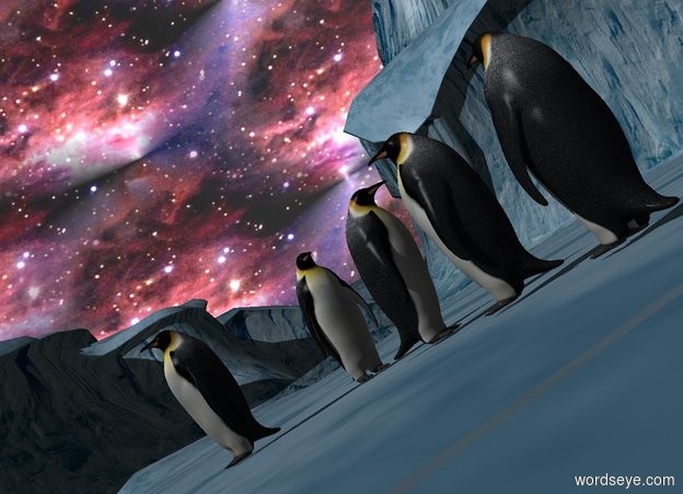 Input text: a silver part.a first penguin is 20 feet in front of the part.the first penguin is 3 feet right of the part.the first penguin is facing left.a second penguin is 2 feet right of the first penguin.a third penguin is 2 feet behind the second penguin.the third penguin is facing northeast.the sky is texture.the texture is 1100 feet tall.a fourth penguin is 1 feet behind the third penguin.the fourth penguin is facing southwest.a fifth penguin is 1 feet behind the fourth penguin.the second penguin is facing north.the camera light is black.