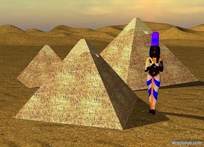 a 1st 100 inch tall pyramid.ground is 80 inch wide [texture].ground is 30 feet tall.a 2nd 80 inch tall pyramid is -10 inch left  of the 1st pyramid.the 2nd pyramid is 10 inch behind the 1st pyramid.the 2nd pyramid is facing northeast.a 3rd 140 inch tall pyramid is -170 inch right of the 1st pyramid.the 3rd pyramid is 30 inch behind the 1st pyramid.the 3rd pyramid is facing southwest.a 110 inch tall woman is 15 inch right of the 1st pyramid.