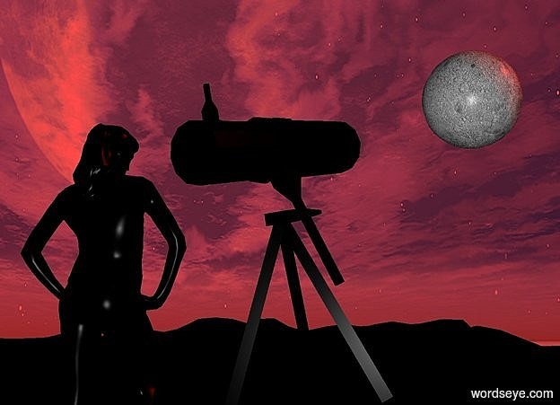 Input text: a 50 inch tall black telescope.the telescope is facing northeast. telescope leans 15 degrees to the front.ground is black.sun is red.a 57 inch tall black woman is -8 inch right of the telescope.the woman is facing southwest.the woman is -70 inch above the telescope.a 17 inch tall moon is -13 inch above the telescope.the moon is -7 inch left of the telescope.