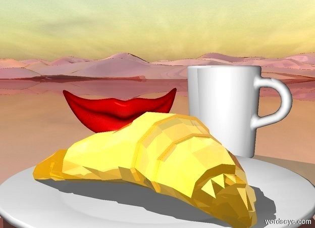 Input text: a huge shiny goldenrod croissant is on a huge plate. a huge cup is behind the plate. it faces left. ground is 1500 foot tall shiny [stained glass]. a enormous mouth is behind and to the left of the plate. it faces the croissant.