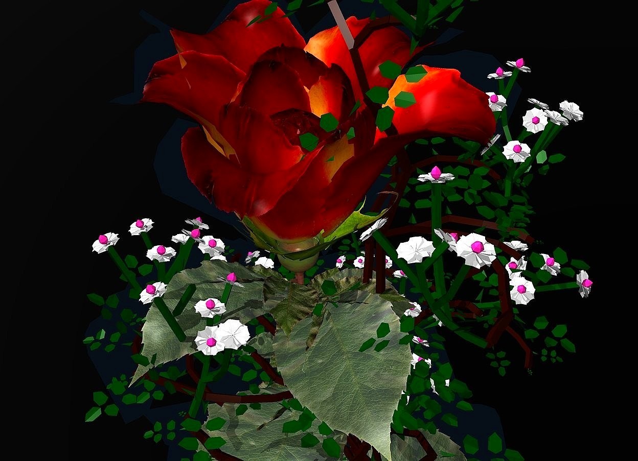 Input text: a 1st 100 inch tall rose.sky is black.ground is clear.a 2nd 150 inch tall rose is -180 inch above the 1st rose.