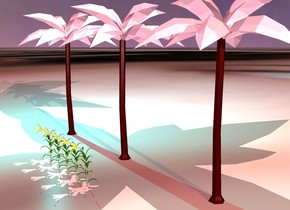 three palm trees. they are pink. ambient light is lilac. it is dawn. cyan light next to palm trees and 20 feet above ground. 5 flowers in front of palm trees. they are 8 feet tall. ground is [green]. one pink light -5 feet in palm trees
