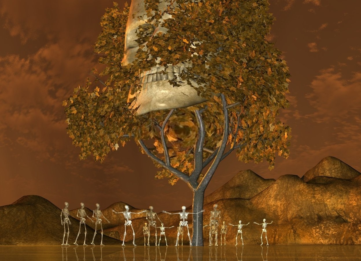 Input text: the very humongous orange skull is 35 feet in the orange shiny tree. the sun is orange spice. it is dusk. the orange light is 5 feet to the left of the tree. it is 20 feet above the ground. the ground is orange. 7 skeletons are in front of the tree. they are facing the tree. 8 skeletons are behind the tree. they are facing the tree.