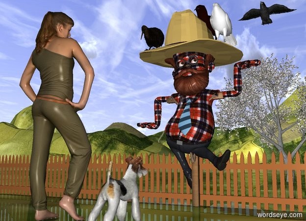 Input text: The wood cross. The large [plaid] man is 8  feet in the cross. The fence is behind the cross. It is 50 feet wide. The ground is grass. The very large hat is 23 inches in the man. The shirt of the man is [plaid]. The huge crow is 8 foot above and 19 feet behind the hat. The apple tree is 25 feet behind the fence.
The large dog is 6 feet in front of the cross. It is facing the cross. The large woman is 1 foot to the left of the dog. She is facing the cross. The second large bird is -2 foot above and -1 foot to the left of the hat. the hat. A third large bird is 3 feet to the right of the second bird. A fourth large bird is 4.5 feet to the right and -2.5 feet above the second bird.