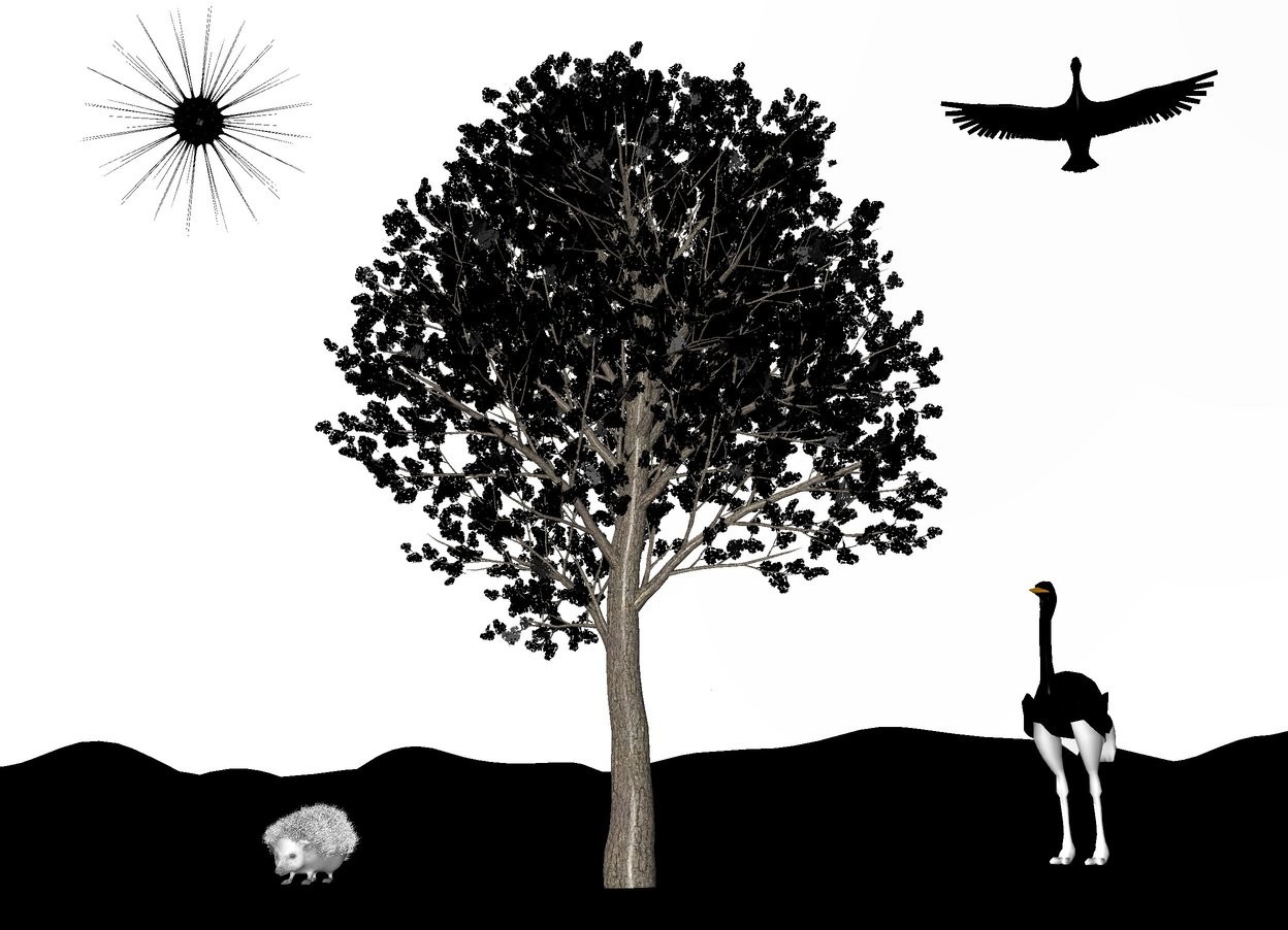 Input text: the black tree. the ground is black. the sky is white. the huge white hedgehog is to the left of the tree. the huge black bird is -4 foot above and to the right of the tree. the tall ostrich is 13 foot behind and to the right of the tree. it is facing to the tree. the ostrich's neck is black. the ostrich's leg is white. the big black sun symbol is -3 foot above and 3 foot to the left of the tree
