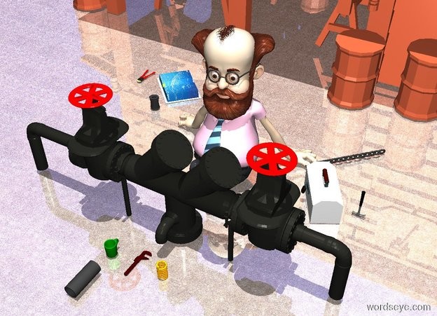 Input text: a 4 feet tall compound object.a man is behind the compound object.a toolbox is right of the man.a large book is left of the man.the book's page is [plan].the book is facing northeast.a wrench is in front of the compound object.a green cup is 6 inches left of the wrench.a upside down hammer is 2 inches right of the toolbox.it is noon.the book is behind the man.a dark gear is 3 inches in front of the book.a spring is 6 inches right of the wrench.the compound object's handle is red.the ground is shiny concrete.a building is 3 feet behind the man.the building's barrel is copper.a bolt cutter is 3 inches left of the book.the bolt cutter is face down.a dark chain is 2 inches behind the toolbox.the chain is facing southwest.a dark tube is 6 inches in front of the cup.the tube is face down.