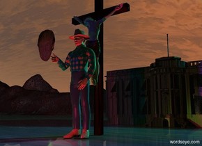A crucifix is 4 inch behind a 6 feet high cowboy. It is dusk. 2 crimson lights are in front of the cowboy. Camera light is black. A green light is left of the cowboy. A navy light is above the cowboy. A 10 feet high dark [tile] white house is 12 feet behind the cowboy.  A head is -2 feet above and in front of the man. A dim blue light is in front of the head. 2 cyan lights are right of and above the White House. The ground is 40% dark and brown.
