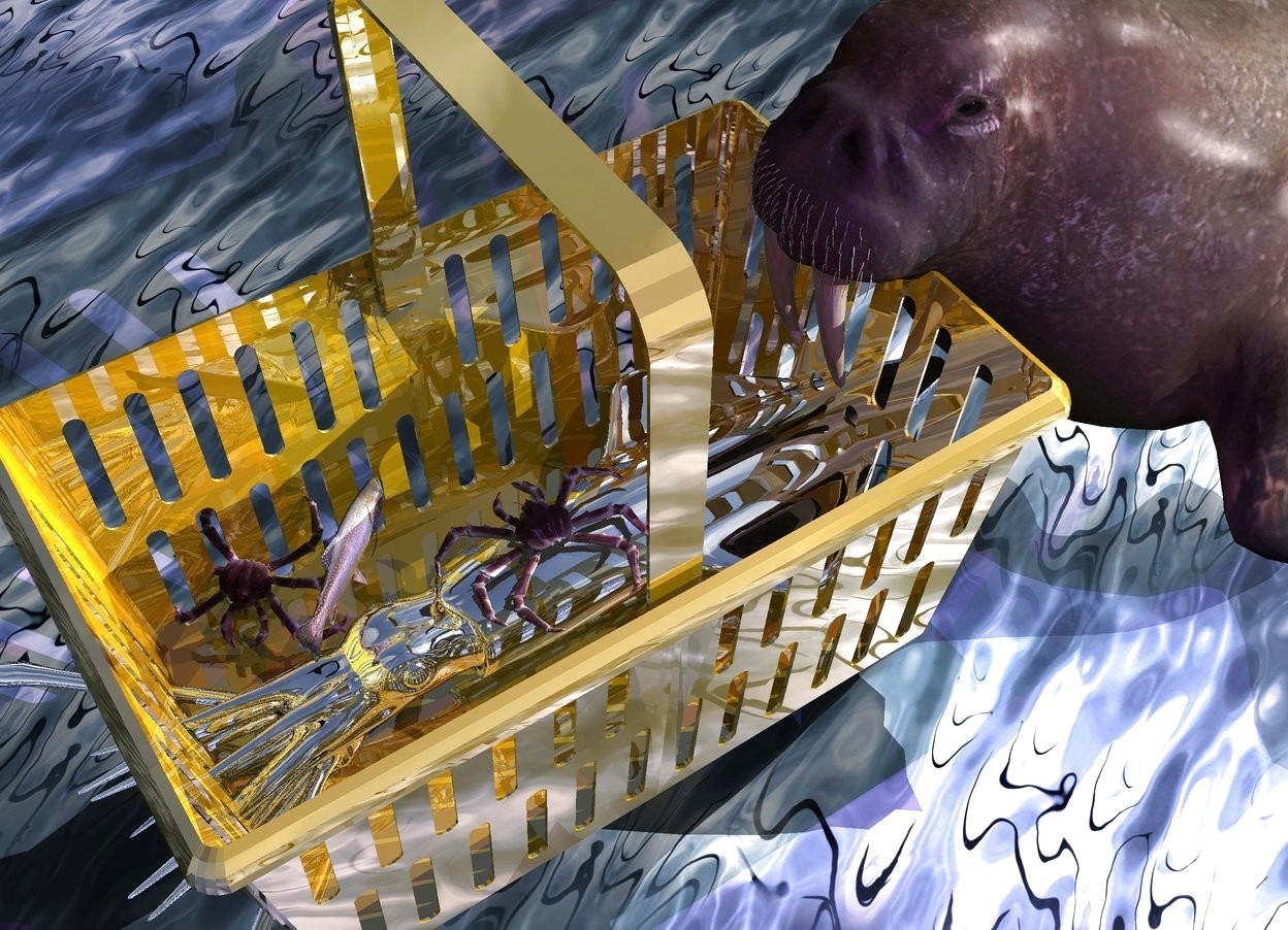 Input text: A silver squid is 3 inch in a huge gold basket. It is facing east. The basket is 5 feet above the ground. The ground is 10 feet wide [water]. Camera light is black. A purple light is behind and above the basket. A mauve light is 2 feet left of the light. A large walrus is -1.5 feet left of and -6 feet above the basket. It is facing the basket. A light is 2 feet behind and above the walrus. A large crab is above and -3.5 feet in front of the squid. A large crab is right of and in front of and -2 feet above the crab. It is facing northeast. It is leaning 40 degrees to the front. A large fish is -1.5 foot left of and above and -1 foot behind the crab. It is leaning left. It is facing southwest. The azimuth of the sun is 280 degrees.