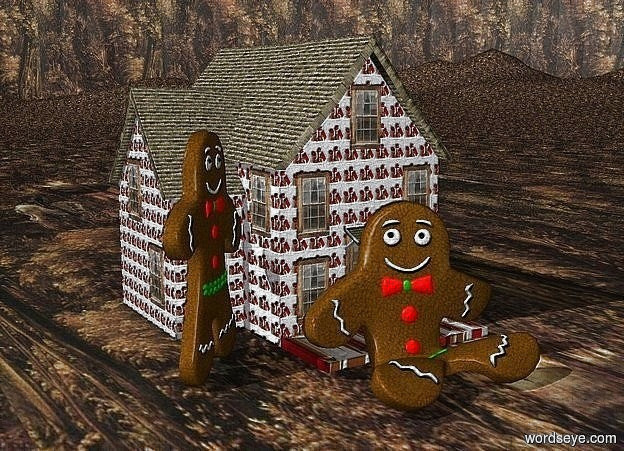Input text:  a 100 inch tall   house.the house is 20 inch wide [gingerbread man].ground is forest. background is forest.ground is 5 feet tall.a 1st 50 inch tall gingerbread man is in front of the house.a 2nd 70 inch tall gingerbread man is -4 inch left of the 1st gingerbread man.the 2nd gingerbread man is -1 inch behind the 1st gingerbread man.the 2nd gingerbread man is facing southeast.