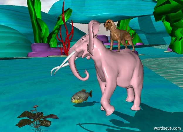 Input text: a big dog is on the pink elephant. 

the huge red flower is 2 feet in front of the elephant.

a giant yellow fish is on the left of the elephant.
 