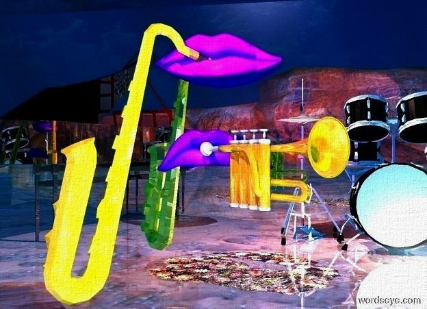 Input text: a silver wall. a large shiny saxophone is in front of and -7 feet above the wall. it faces southwest. it leans to the back.  a enormous purple mouth is -1 feet behind and -1.5 foot above and -2 foot to the right of the saxophone. a 1st invisible hand is -1.5 foot in front of and -5 foot above and -2.6 foot to the right of the saxophone. it faces the saxophone.  a pink light is 10 feet in front of and 5 feet above the mouth. a large shiny horn is 1.5 foot to the right of and above the 1st hand. it faces southeast. a very huge indigo mouth is -.5 foot behind and -1.3 foot to the left of and -1 foot above the horn.  a fuschia light is 10 feet in front of the very huge mouth. camera light is black. a silver light is 10 feet in front of  and 5 feet above the saxophone. ambient light is dodger blue. it is night. ground is shiny. a large drum kit is 10 feet in front of and -8 feet to the right of the wall. a light is behind the drum kit. it faces northwest. a huge shiny black harpsichord is 10 feet in front of and -6 feet to the left of the wall. the harpsichord's lid is shiny black.