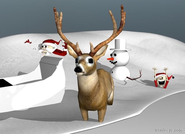 Input text: a sand dune.the sand dune is snow.the ground is snow.a snowman is -6 feet above the sand dune.the snowman is facing southwest.the snowman's hat is snow.a man is 1 feet left of the snowman.a sleigh is 1 feet in front of the man.the sleigh is facing southwest.a deer is right of the sleigh.it is morning.a elf is right of the snowman.