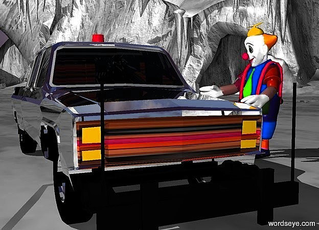 Input text:  a 100 inch tall silver chevrolet pickup truck. ground is clear gray.the grille of the pickup truck is 10 inch wide [steel]. the wheel rim of the pickup truck is silver.the headlight of the pickup truck is yellow.a 120 inch tall man is 60 inch right of the pickup truck.the man is facing the pickup truck.