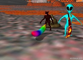 there is a lava sword.

three feet to the left of the lava sword is a huge
rainbow banana.

behind the huge rainbow banana is a small monster.

behind the lava sword is aqua alien.

behind the small monster is a huge poo