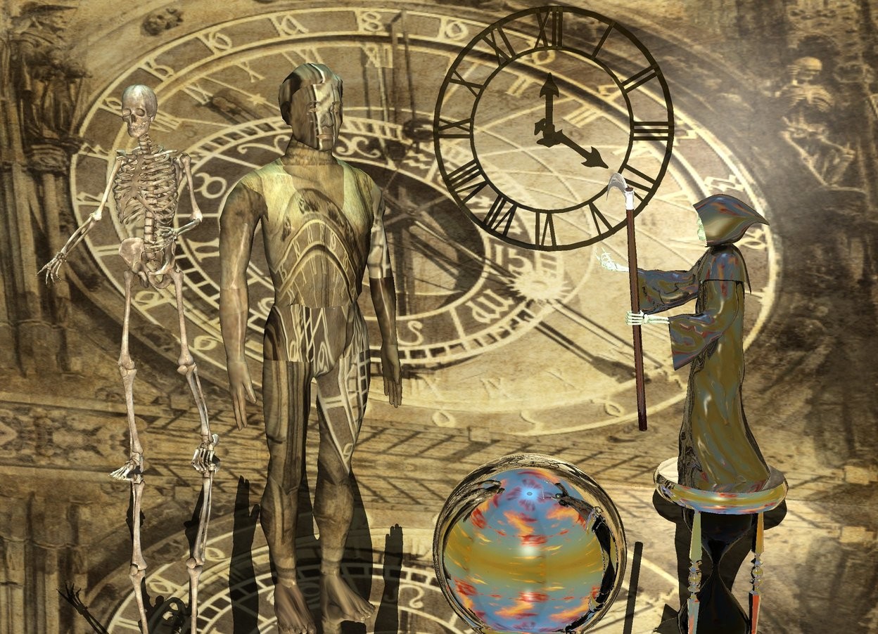 Input text: a flat wall.the wall is [astrology].it is noon.a man is 4 feet in front of the wall.the man is [clock].the [clock] is 1.5 feet tall.silver ground.the wall is 1 inches in the ground.the man is facing southeast.a 2 feet tall silver hourglass is 2.5 feet right of the man.a 3 feet tall shiny grim reaper is -1 inches above the hourglass.the grim reaper is facing the man.a skeleton is 2.5 feet left of the man.the skeleton is in front of the wall.the grim reaper is -24 inches right of the hourglass.a clear 3.5 feet tall clock is 3.5 feet right of the skeleton.the clock is 3.5 feet above the ground.the clock is -1 inches behind the skeleton.a 2 feet tall silver sphere is 3 inches right of the man.the sky is cloud.the sun is sky blue.