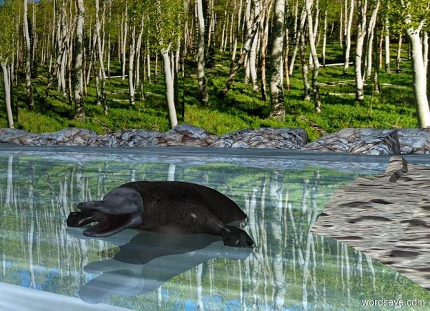 Input text: a river.a platypus is -40 feet behind the river.the platypus is leaning 15 degrees to the north.the platypus is 4 inches in the ground.a flat wall is -23 feet behind the river.the wall is 80 feet long.the wall is [forest].the [forest] is 80 feet long.the [forest]is 10 feet tall.a rock is right of the platypus.the rock is rock.the river is shiny.