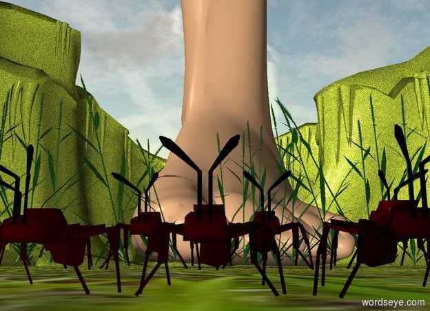 Input text: 3 ants are on the ground. the ground is grass. the 1st 20 feet tall foot is 200 inches behind the ants. the 1st 10 feet tall grass is to the left of the foot. the 2nd 10 feet tall grass is -65 inches to the right of the foot. the 3rd 3.4 feet tall grass is 10 inches in front of the feet. 4 insects are behind ants