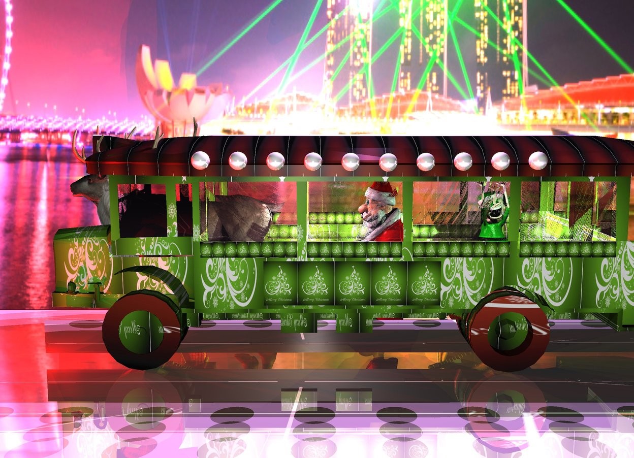 Input text: a bus is lawn green. it is [lights]. it is on the ground. the roof of the bus is [christmas]. a santa claus is  -6.5 feet above the bus. 3 big pink lights are in front of and -1 foot above  the santa claus. it is night. 6 red lights are in front of the bus. 3 gold lights are -1 foot beneath the bus. 3 lavender lights are 5 feet above the bus. a 1 foot tall and 20 foot wide flat silver wall is to the right of the santa claus. it faces right. a green elf is 2 feet behind and -3 feet above the santa claus. the elf faces right. 3 pale green lights are to the right of and -1 foot above the elf. a caribou is 3 feet in front of the santa claus. ground is shiny. a 1st shiny white .5 foot tall sphere is -1 foot above and to the right of the bus. a 2nd shiny white .5 foot tall sphere is .5 foot in front of the 1st sphere. a 3rd shiny white .5 foot tall sphere is .5 foot in front of the 2nd sphere. a 4th shiny white .5 foot tall sphere is .5 foot in front of the 3rd sphere. a 5th shiny white .5 foot tall sphere is .5 foot in front of the 4th sphere. a 6th shiny white .5 foot tall sphere is .5 foot in front of the 5th sphere. a 7th shiny white .5 foot tall sphere is .5 foot behind the 1st sphere. a 8th shiny white .5 foot tall sphere is .5 foot behind the 7th sphere. a 9th shiny white .5 foot tall sphere is .5 foot behind the 8th sphere. a 10th shiny white .5 foot tall sphere is .5 foot behind the 9th sphere. a 20 foot tall and 30 foot wide wall is 2 feet to the left of the bus. it faces right. it is 30 foot tall [city].