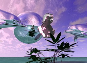 There is a white statue. The statue is in a large plant.  A hot pink light is in front of the statue.  A giant silver sphere is 2 feet behind the statue. The ground is water. A 1st silver dolphin is one foot to the right of the statue.  The 1st dolphin is facing the statue. A 2nd silver dolphin is one foot to the left of the statue.  The 2nd dolphin is facing the statue. 
