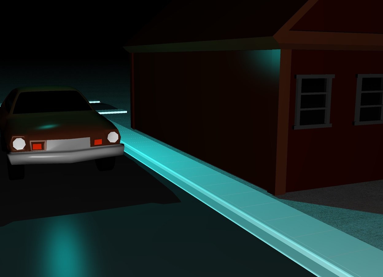 Input text: There is a house. Next to the house is a first long street.  On the first street is a car. behind the first street is a second  street. The second street faces right.
The ground is pavement. There is a very big cyan light above  the car. It is night.