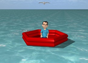 the huge ocean. a raft is -1 inches above the ocean. a small boy is in the raft. a bird is 1 foot left of the boy. it is .91 foot above the ocean. another bird is 2 feet above the boy.