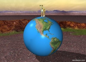 There is a huge golden dog on a gigantic globe.
