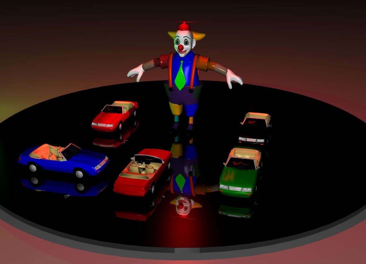 Input text: There is an enormous  circle. It is night.  Under the circle is a very big  green light. The circle is black and shiny. on the circle is a clown. 3 feet in front of the clown is a first tiny car. The car faces the clown. 1 feet next to the first car is a second tiny blue car. It faces the first car. On the right of the clown is a third tiny car. The third car is black. 1 feet in front of the third car is a fourth tiny  car. The fourth car is green.
On the left of the clown is a fifth tiny car. 
Above the clown is a red light.