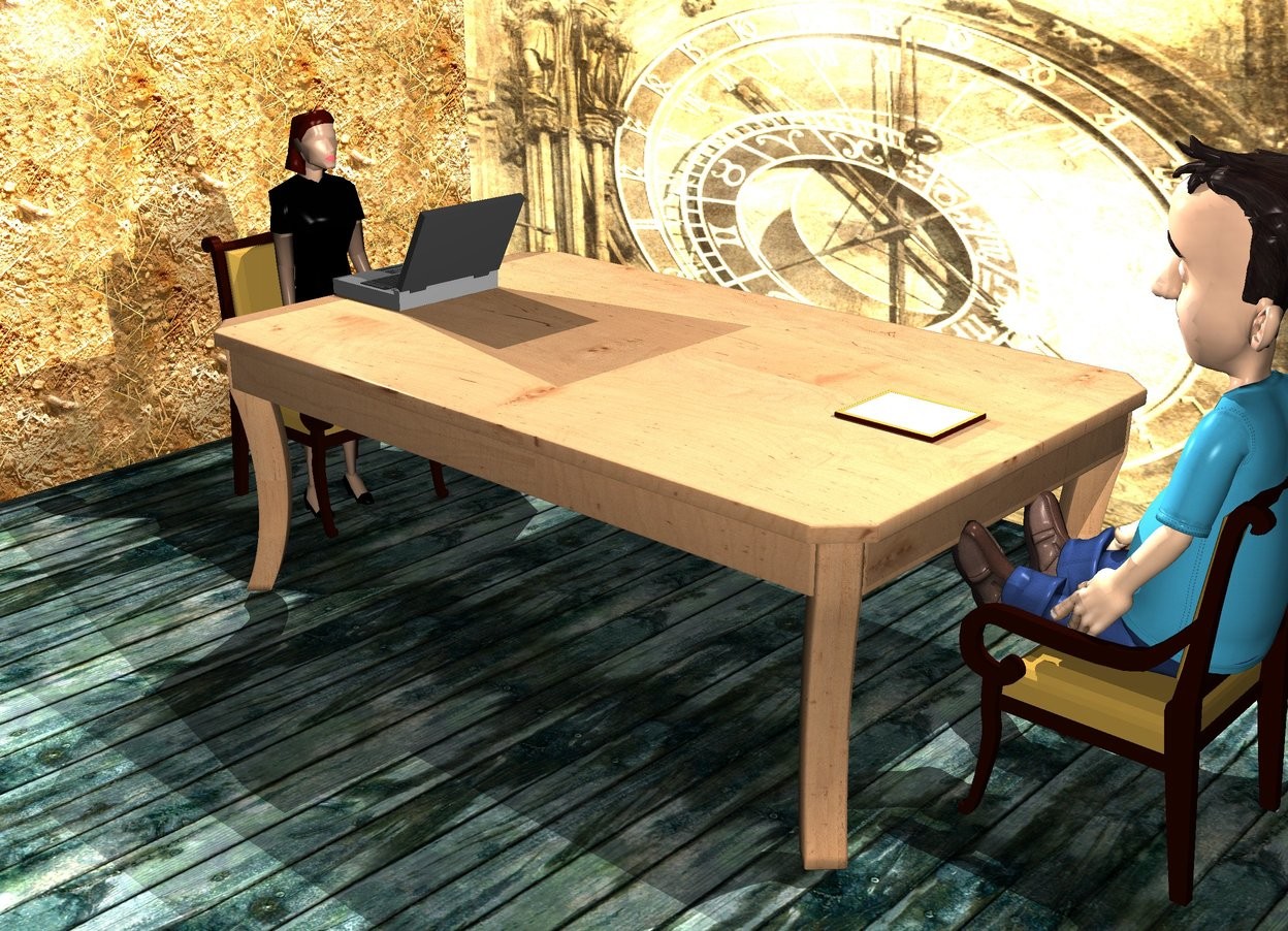 Input text: A big Table is 3 feet in front of a first wall.  The first wall is [texture]. On the left of the first wall is a second wall. The second wall faces right.  The second wall is [texture]. On the right of the first wall is a third wall facing right.  On the right of the table is a first chair. The first chair faces the table. On the left of the table is a second chair. The second chair faces the table. On the first chair is a boy. There is a woman 2 feet in the second chair. The woman faces the boy.  a white board is 0 inches above and -2 foot to the right of the table. a large computer is 0 inches above and -2 foot to the left of the table. it is facing the woman. The ground is wood.
There is a first white light above the woman. There is a second white  light above the boy.
