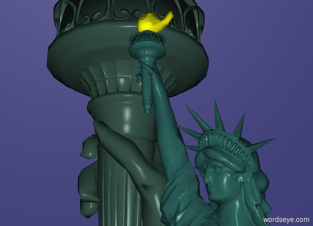Input text: a 60 inch tall pond green 1st statue of liberty.the torch of the statue of liberty is   	pond green.ground is clear.sun is gray.a 2 inch tall 2nd statue of liberty is -11 inch above the 1st statue of liberty.the 2nd statue of liberty is -10 inch right of the 1st statue of liberty.the 2nd statue of liberty is in front of the 1st statue of liberty.sky is [ikb191].