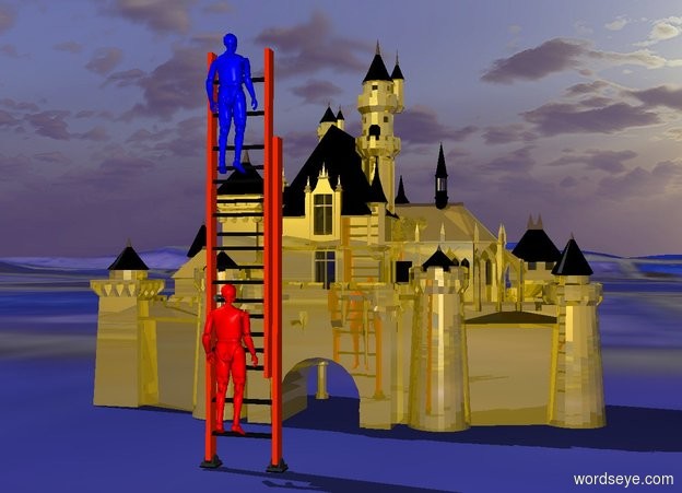Input text:  a 50 inch tall gold castle.a 1st 40 inch tall ladder is 20 inch in front of the castle.a 1st 13 inch tall blue man is -12 inch above and in front of the 1st ladder.a 2nd 14 inch tall red man is -37.5 inch above the 1st man.the 1st man is facing the castle.the 2nd man is facing the castle.ground is [brick].